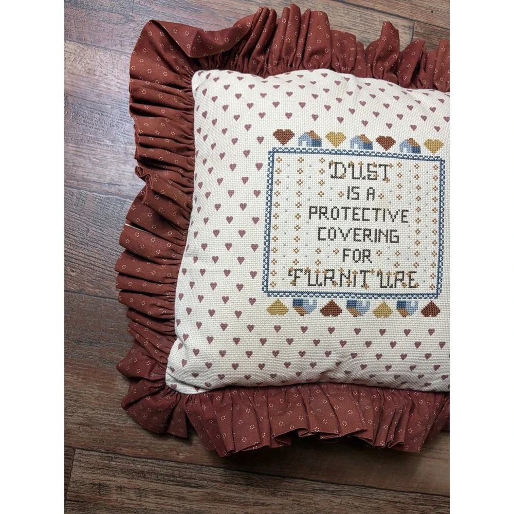 Vintage Needlepoint Throw Pillow Ruffle Floral Grandma Cottage Core